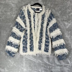 LeRoy Knitwear Sweater Women's Small 70s Shaggy Knit Blue Cream Boho Chic Luxury - Picture 1 of 21