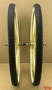 26" SET DAYTON WHEELS 144 SPOKES GOLD FRONT & COASTER HUB WHEEL W/DICE VALVE CAP - Picture 1 of 3