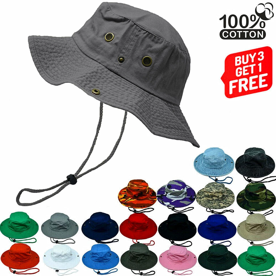 Sombrero Cubo Sol Verano Hombres 100% Algodón Pesca Camping Safari Boonie Gorra Militar Foto 1 de 4