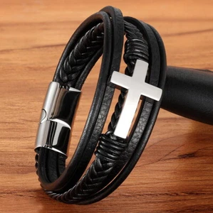 Cross Multi Layer Stainless Steel Fashion Men's Leather Bracelet Classic Gift - Picture 1 of 56
