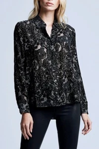 420 $ L'AGENCE Hailie Paisley Samt Spitze Seidenmischung Button-Down-Hemd schwarz NEU - Bild 1 von 8