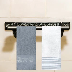 Bath Hand Towels 2 Piece Set Gray Ribbed Sea Shells White Terry Striped Bathroom - Picture 1 of 8