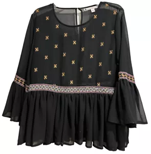 Chelsea & Violet Women’s M Blouse Black/Gold Sheer Bell Sleeve Peplum - Picture 1 of 4