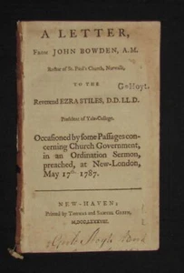 to Ezra Stiles / LETTER FROM JOHN BOWDEN A.M RECTOR OF ST PAUL'S CHURCH 1st 1788 - Picture 1 of 1