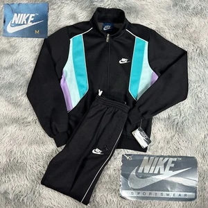 NEW Vintage 80’s Nike Women Deadstock Black Blue Striped Jacket Track Suit Set M - Picture 1 of 22