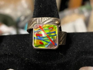 Vintage Modernist Signed Bailey 14K Gold Sterling Silver Enamel Ring Size 9 - Picture 1 of 7