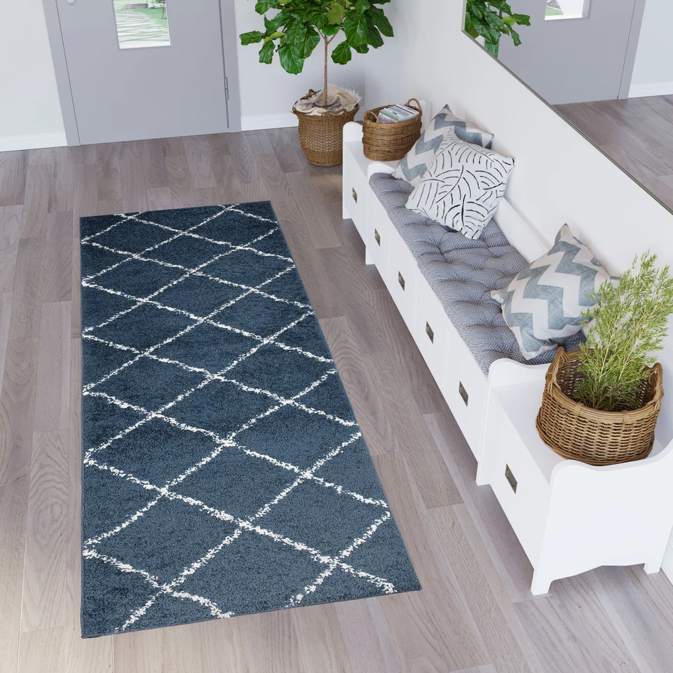 Moderner Teppichläufer Shaggy Langflor Dunkelblau Wohnzimmer Schlafzimmer - Bild 1 von 1