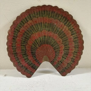 Vintage Ethched Brass Orange Green Peacock Feather Tail Decoration 7” x 7.25” - Picture 1 of 13