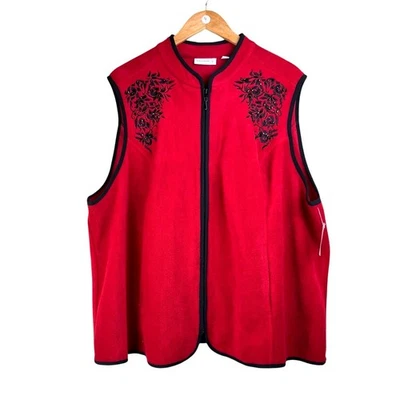 Susan Graver 3X NWT Red Fleece Black Embroidered Beaded Detail Layering Vest - Image 1 of 4