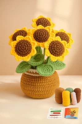 Сделай сам набор для вязания крючком подсолнечника ручной работы пряжа букет цветов с горшком - Изображение 1 из 4