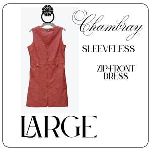 Sharagano Dress Women Large Red Chambray Sleeveless GoldZip Front Pockets Casual - Picture 1 of 4
