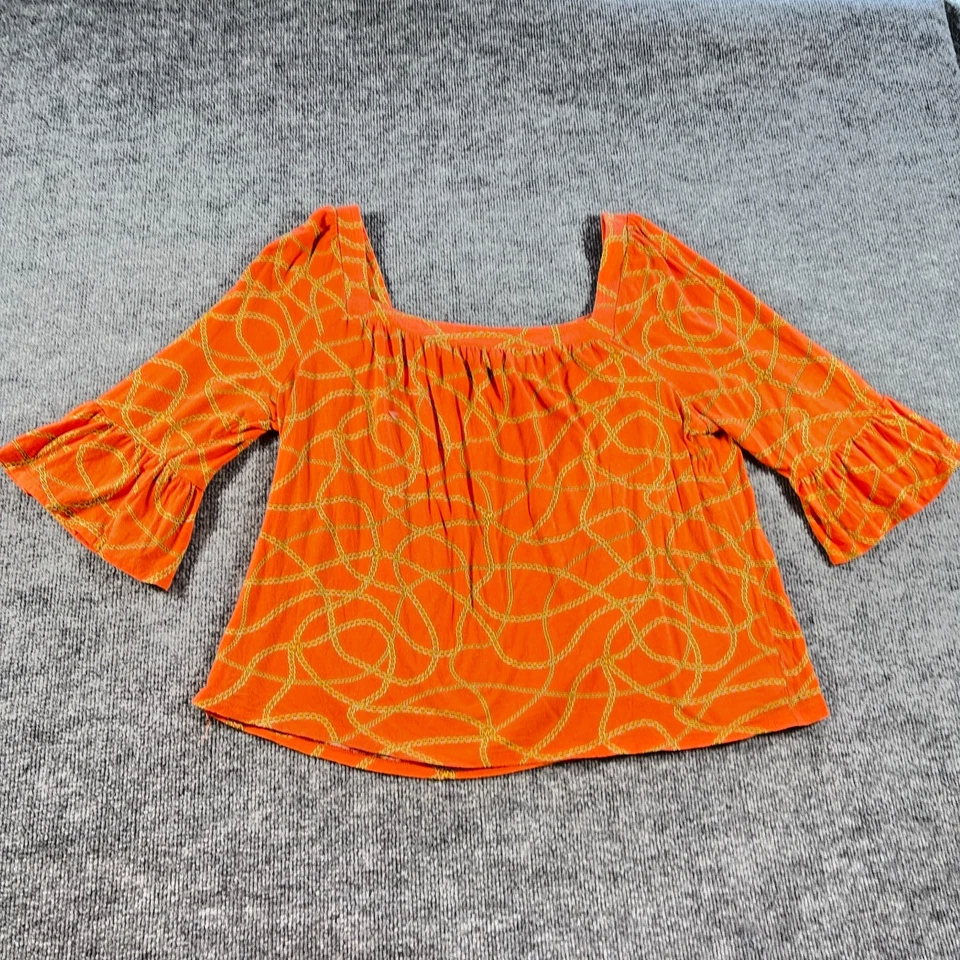 Blusa boho Michael Kors naranja con estampado de cadena talla L manga campana - defectuosa Foto 1 de 4