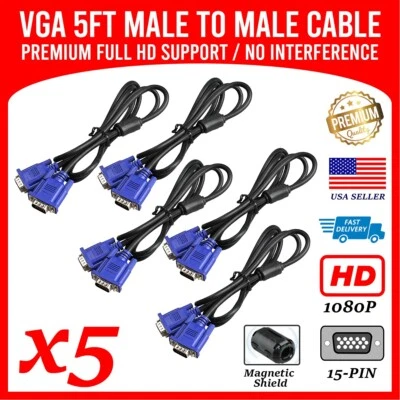 High Definition VGA Video cable 5Ft up to 1080p HD for Monitor Laptop DVD 5 pack - Image 1 of 4