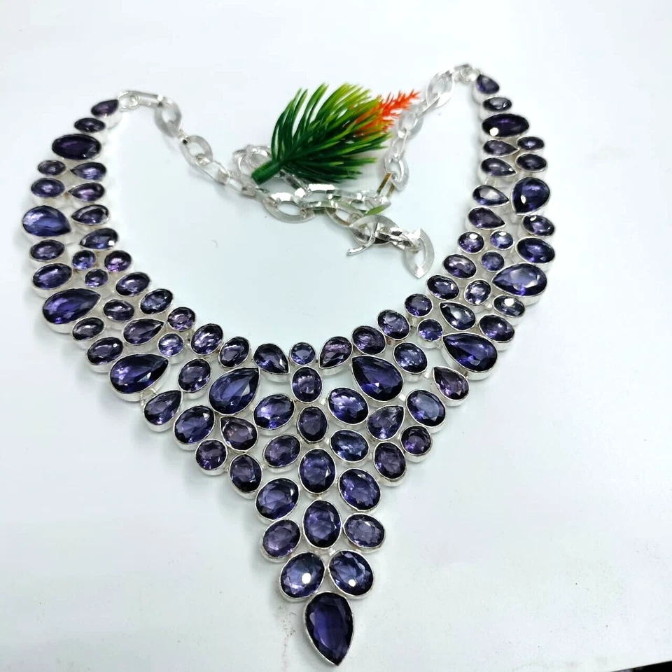 Collar ajustable chapado en plata con piedras preciosas de amatista púrpura joyería 18" Foto 1 de 1