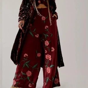 Anna Sui x Free People Poppy Satin Floral Embroidered Bohemian Wide Leg Pants 4 - Picture 1 of 10