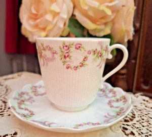 Giraud Eglantine Taza Platillo Limoges Sauviat Rosa Flores Patas Francia - Imagen 1 de 6