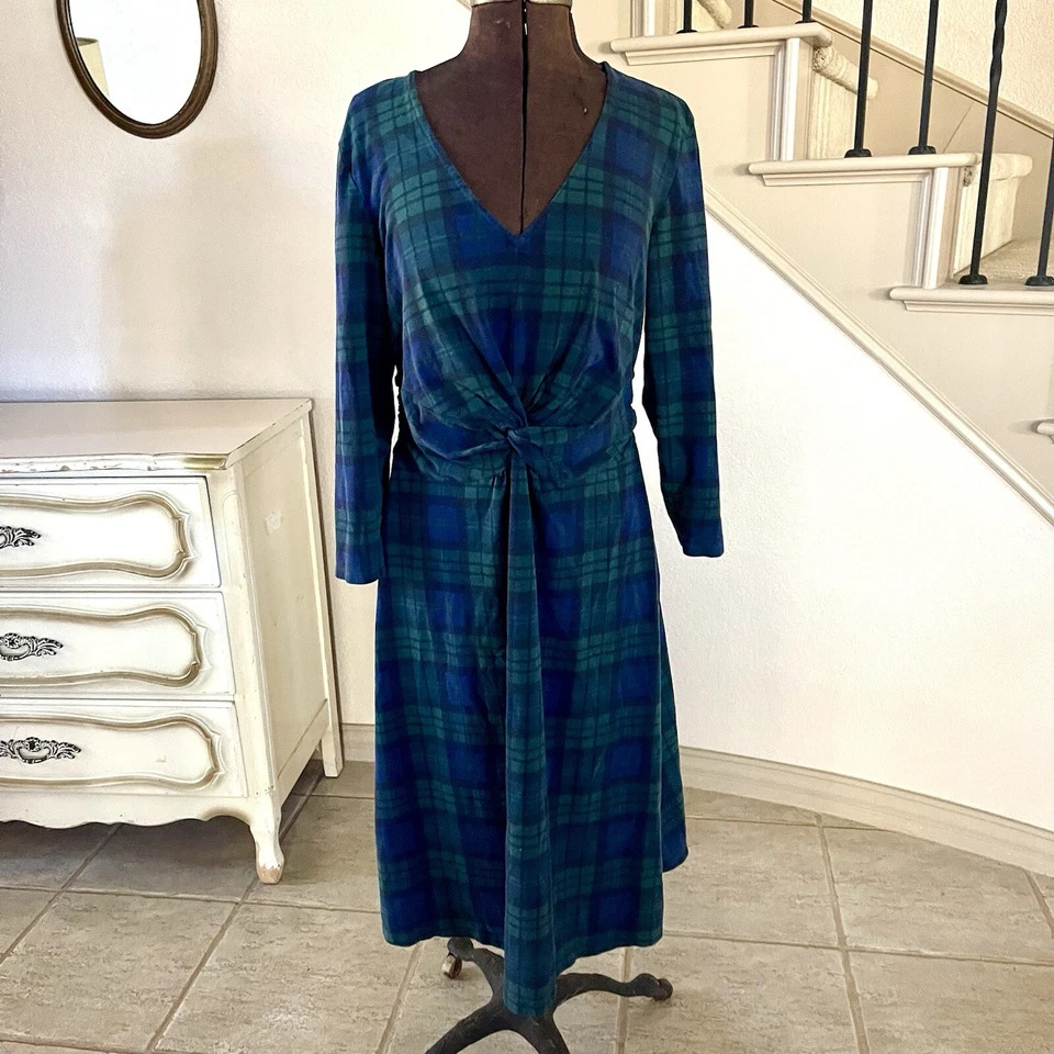 Vestido Lands’ End Medio Verde Azul Tartán Cuadros Lado Torcido Mangas 3/4 Elastizado Foto 1 de 4