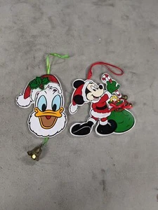 Lot Of 2 Disney Mickey And Donald Face Wooden Christmas Ornament With Bells - Picture 1 of 5