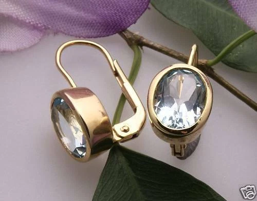 Orecchini Bottone Vero Acquamarina 8x6mm Oro 585 Qualità Oro Giallo Donna - Immagine 1 di 1