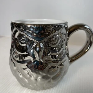 Owl Coffee Mug 3D Artistic Accents Textured Metallic Silver/Ceramic 4 1/4" - Picture 1 of 3