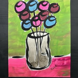 Blumenkunst Original Abstrakt Blume 8x10 Gemälde Modern Pop Art Minimalistisch - Bild 1 von 8