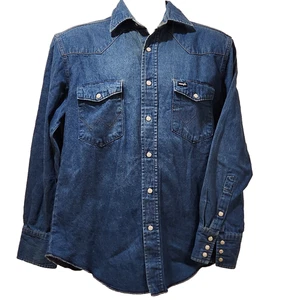 VTG Wrangler Denim Shirt Men's Med Cowboy Blue Denim Pearl Snap Western Pockets - Picture 1 of 14