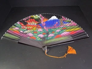 Japan Hand Fan Mt Fuji Pagoda Flowers Silk Shantung Hand Paint Huge OB Vintage - Picture 1 of 9