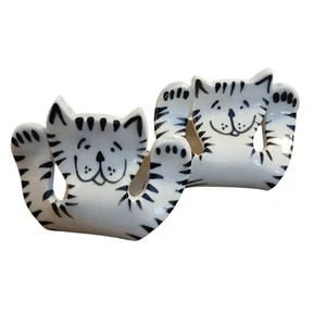 Set of Unique Kitty Cat Animated Ceramic Napkin Rings Holders Black White Signed - Picture 1 of 9