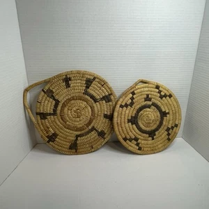 2 Flat Coiled Basket Handwoven Mat Wicker Rattan Wall Hang Plate Trivet 8-10” - Picture 1 of 4