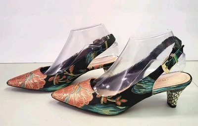 Zapatos de salón vintage J. Renee Mayetta bordados florales con cordones tacón dorado de lujo 7,5 m Foto 1 de 4