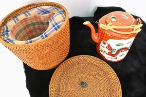 Antique Chinese Porcelain Teapot Dragon & Phoenix Red Hand Painted w/ Basket - Picture 1 of 12