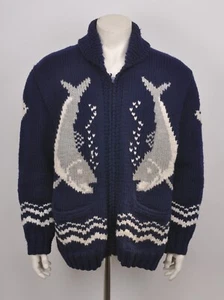 60s Vintage Cowichan Fishing Mary Maxim Hand Knit Wool Zip-up Sweater SIZE L - Picture 1 of 9