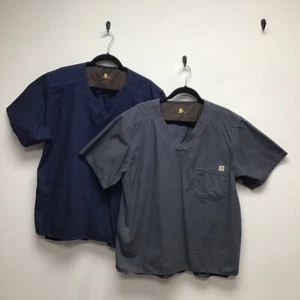 Carhartt Womens Scrubs Tops Lot Of 2 Gray Blue Pocket V Neck Short Sleeve L - Picture 1 of 9