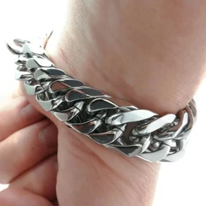 Mens Silver Bracelet 18-23CM 12MM Solid Thick Heavy Classic Stainless Steel - Picture 1 of 2