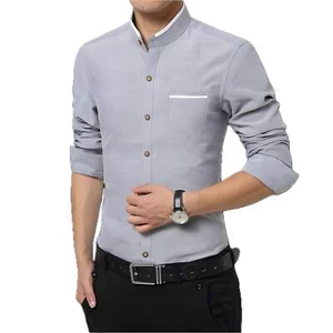 Men's Slim Fit Stand-up Collar Long Sleeve Shirt - Youth Business Casual Korean - Picture 1 of 33