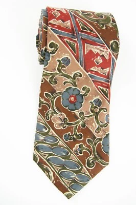 ATELIER Mens Silk Art Tie Floral Abstract Brown Blue 58 x 4” Italy Retro 1990s - Image 1 of 4