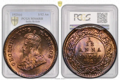 INDIA, George V, 1/12 Anna 1921, PCGS MS 66 RB - Image 1 of 4