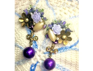 OOAK Victorian Purple Floral Lace Pearl Rhinestone Assemblage Pierced Earrings - Picture 1 of 12