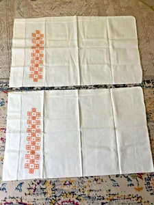 Set of two Vintage embroidered pillowcases - Orange Geometric Boho Design! - Picture 1 of 4
