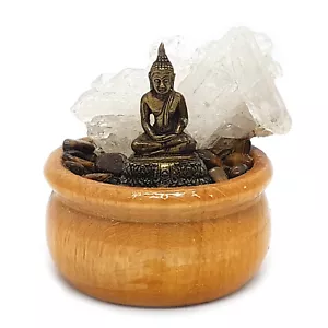 Buda meditador con cristal de montaña, ojo de tigre en vasija de madera - Imagen 1 de 4