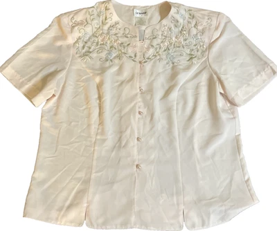 Liz Baker 女式上衣 12 复古 20 世纪 80 年代刺绣花卉珍珠粉色纽扣 — 第 1/4 张图片