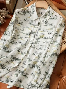 Blusa Camisa Blusa Mujer Solapa Satinada Estampado Floral Seda Morera Pecho Único - Imagen 1 de 21