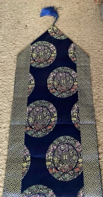 Satin Table Runner Blue Gold Oriental Theme Design 72” L X 12” W Tassels - Image 1 of 4