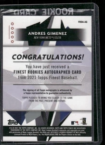 Andres Gimenez 2021 Topps Finest Rookie Refractor Auto Autograph #FA-AG - Imagen 1 de 2