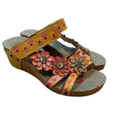 Spring Step L'Artiste Colorful Wedge Sandals Women's 40 US 9-9.5 Floral Leather - Image 1 of 4