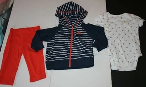 New Carter's 9m Girls 3 Piece Set Navy Blue Hoodie Cherry Print Top Red Pants - Picture 1 of 3