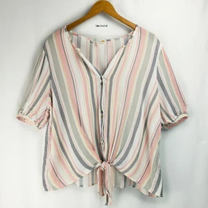 C & C California Stripe Tie-Front Button-Down White Multicolor Peasant Top [L] - Picture 1 of 7
