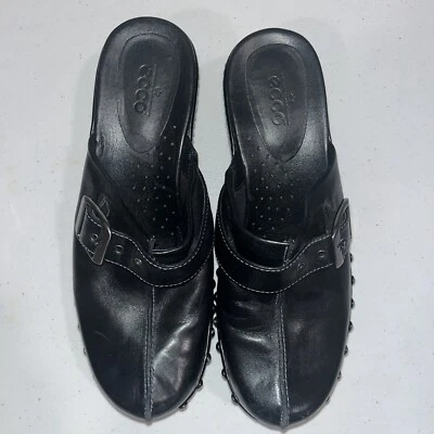 NWOT Ecco Chunky Y2k Studded Black Silver Leather Clogs Mules Buckles 37 6.5 - Image 1 of 4
