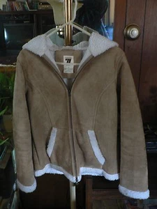 SEVENTY SEVEN 77 BEIGE WHITE FAUX FUR SUEDE ZIP HOODIE GIRL JACKET COAT Sz Small - Picture 1 of 3