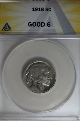 1918 .05  ANACS  G 6  Buffalo Nickel, Indian Nickel, 5 Cent Piece - Image 1 of 2